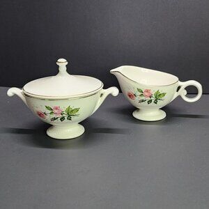 Vintage Garden Rose China Sugar Bowl and Creamer Gold Trimmed SET